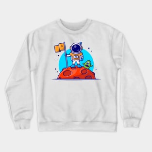 Cute Astronaut Standing Holding Flag on Moon with Cute Alien Space Cartoon Vector Icon Illustration Crewneck Sweatshirt